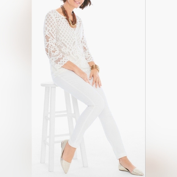 Chico's Women's Large Scale Lace +Cami Split Neck Top Ivory/Cream 2/Large - Picture 7 of 16